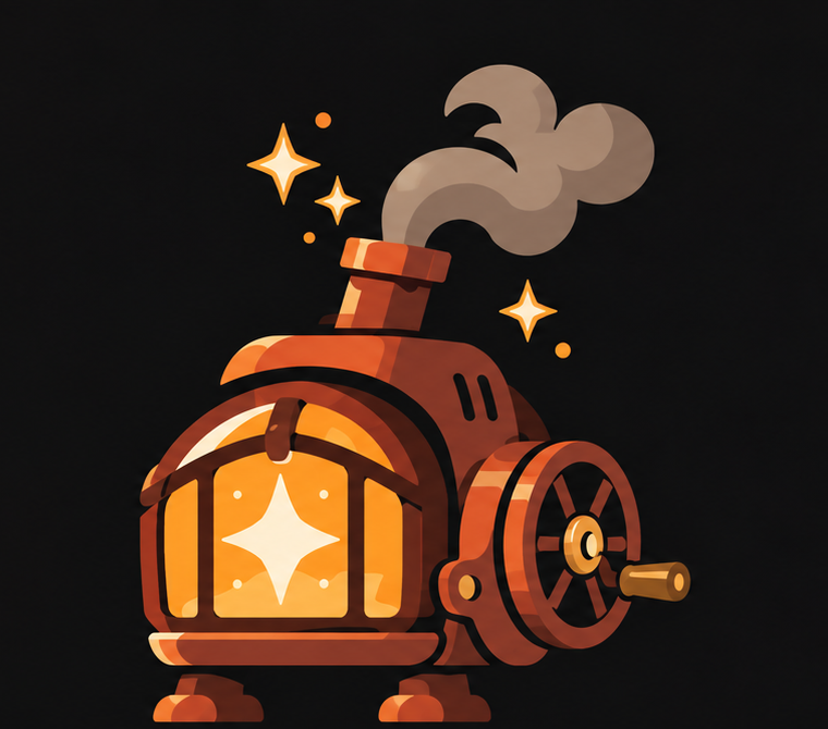 Emberwork Studio’s copper furnace, with a glowing four-point star in its window, a hand crank, and curling chimney smoke.